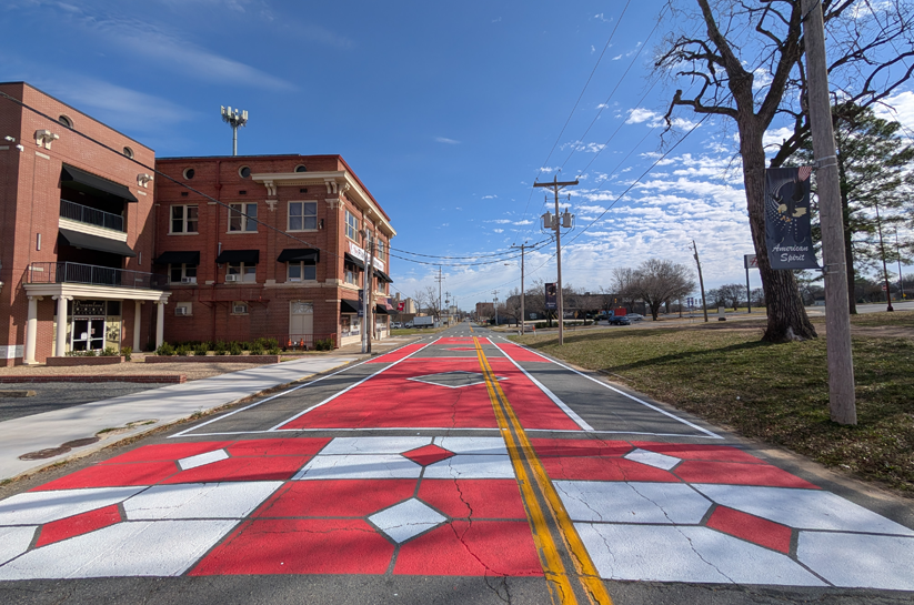 9th Street's finished painting that reflects the Dreamland Ballroom triangle motif and color.