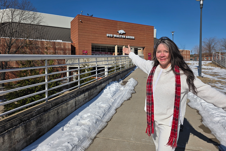 Kerry in front of the Bud Walton Razorbacks Arena